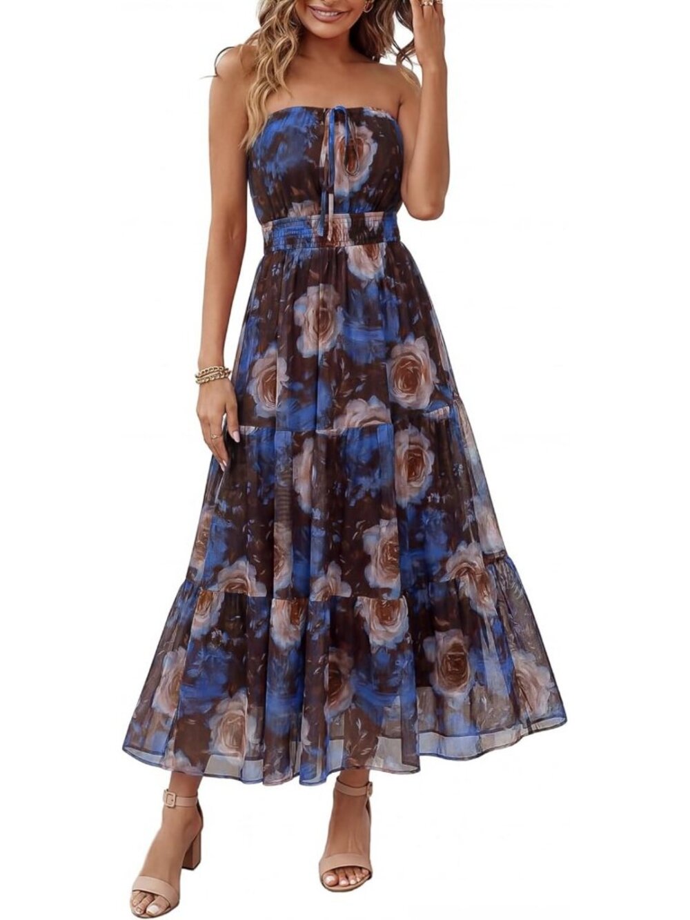 Elegant Strapless Boho Floral Maxi Dress for Summer Vacation & Beach Weddings